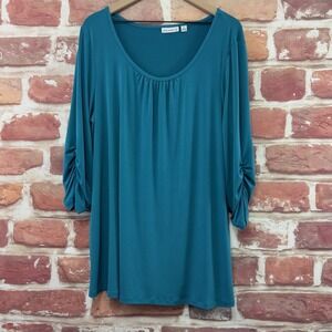 Susan Graver Tunic Dress Women's 1X Blue Casual Stretchy Ruched Sleeve Popover